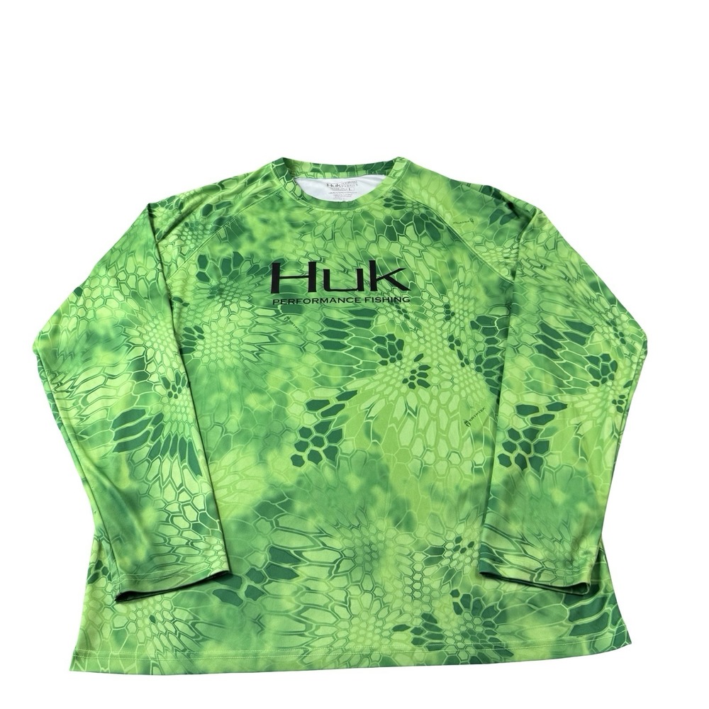 HUK Green Camo Performance L/S Mens Fishing Shirt Size Large